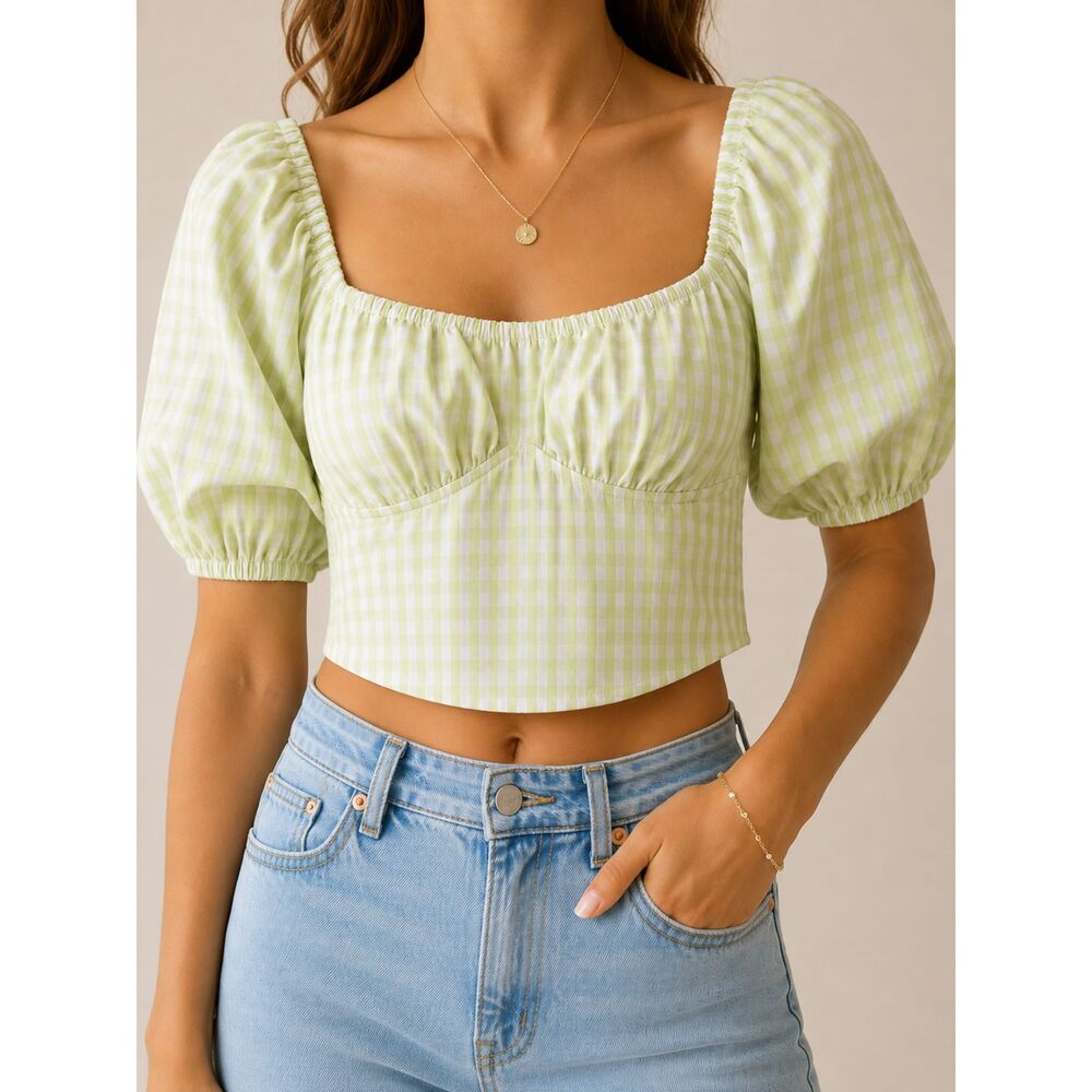 H&M Green Gingham Puff Sleeve Crop Top M Square Neck Milkmaid Cottagecore